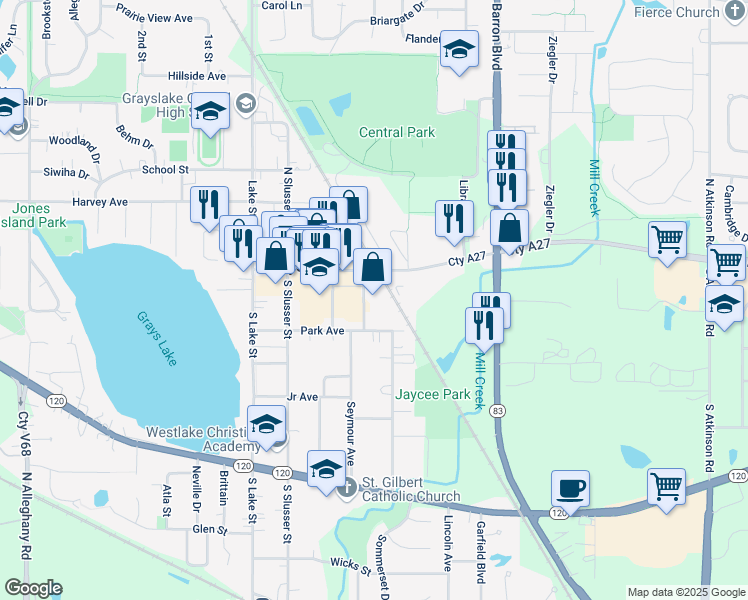 map of restaurants, bars, coffee shops, grocery stores, and more near 31 Seymour Avenue in Grayslake