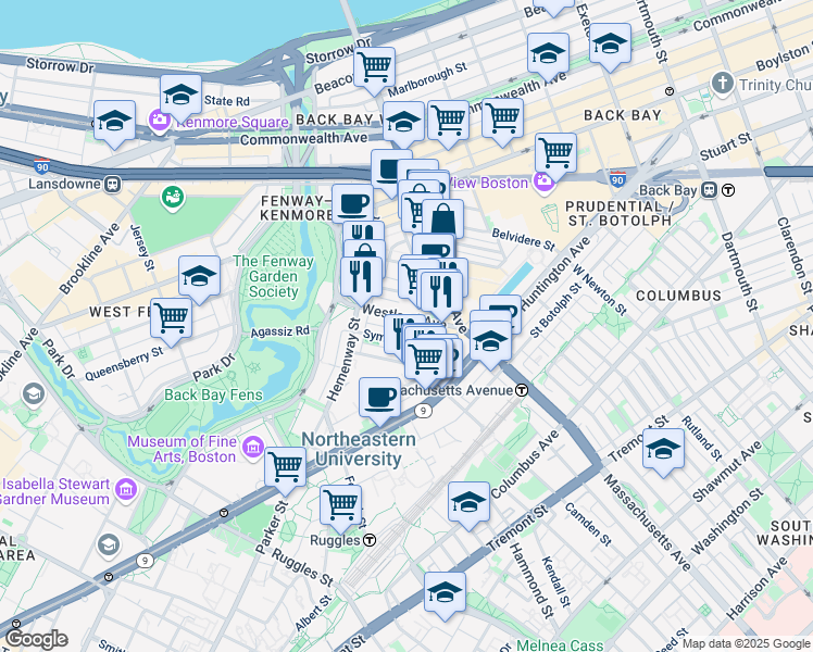 map of restaurants, bars, coffee shops, grocery stores, and more near 29 Symphony Road in Boston
