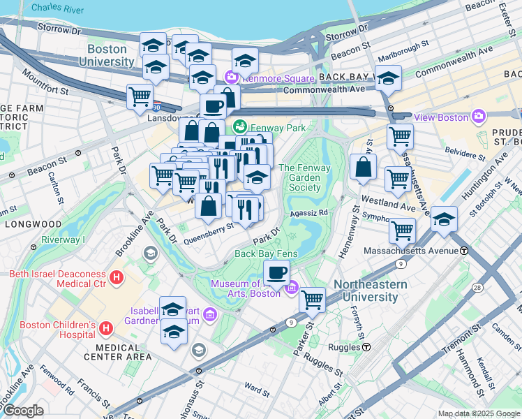 map of restaurants, bars, coffee shops, grocery stores, and more near 19 Queensberry Street in Boston
