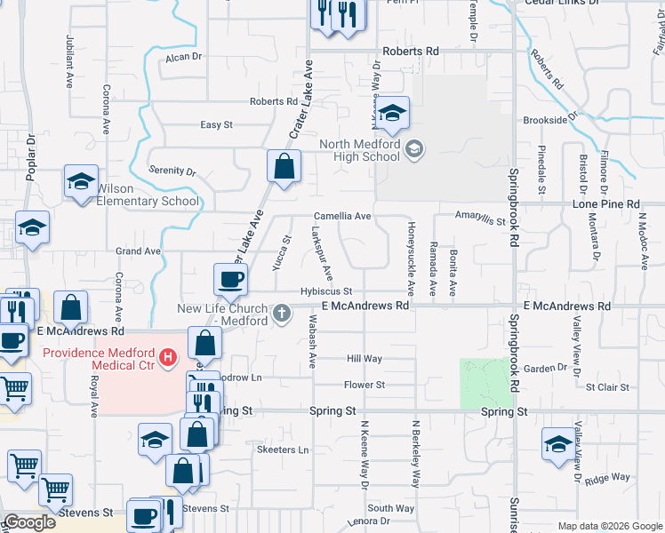 map of restaurants, bars, coffee shops, grocery stores, and more near 1418 Larkspur Avenue in Medford