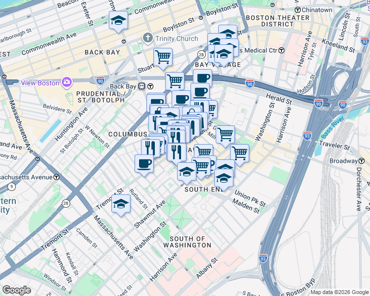 map of restaurants, bars, coffee shops, grocery stores, and more near 583 Tremont Street in Boston