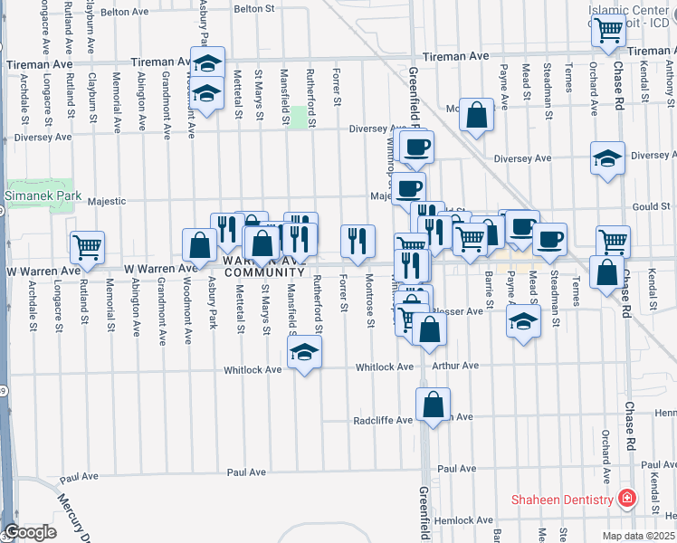 map of restaurants, bars, coffee shops, grocery stores, and more near 15831 West Warren Avenue in Detroit