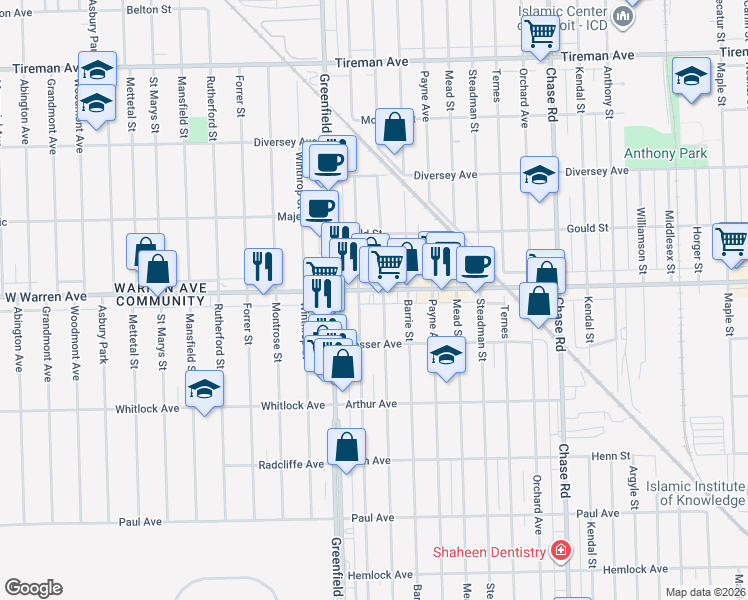 map of restaurants, bars, coffee shops, grocery stores, and more near 15323 Warren Avenue in Dearborn