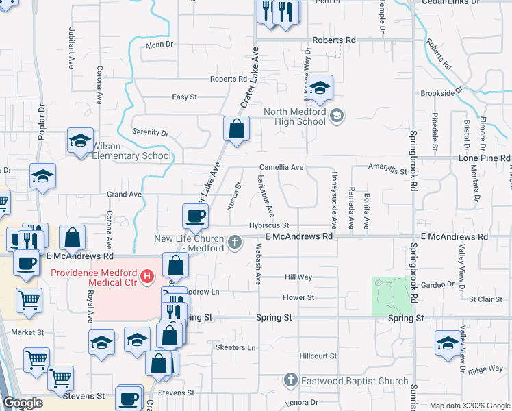 map of restaurants, bars, coffee shops, grocery stores, and more near 1417 Avocado Lane in Medford