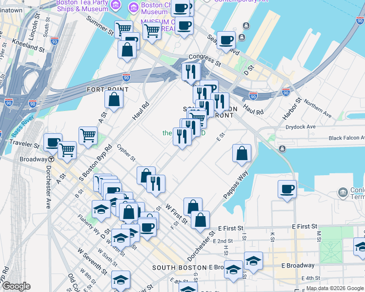 map of restaurants, bars, coffee shops, grocery stores, and more near 400 D Street in Boston