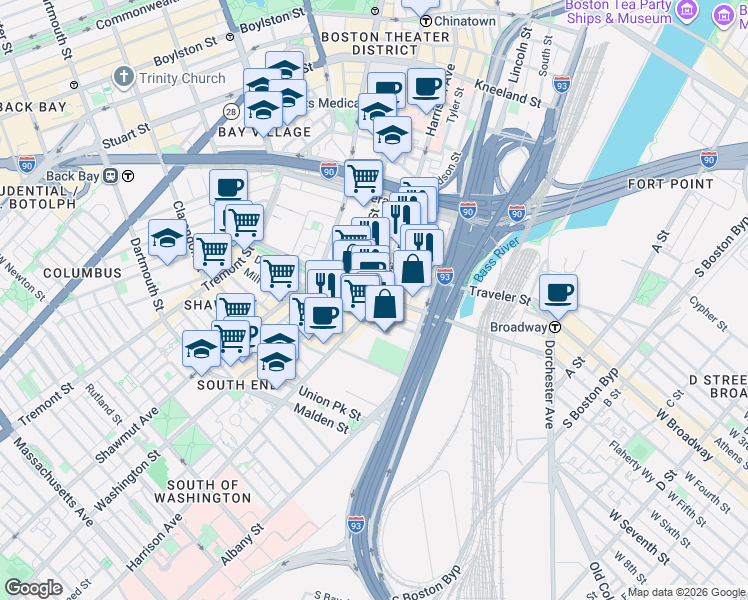 map of restaurants, bars, coffee shops, grocery stores, and more near 219 East Berkeley Street in Boston