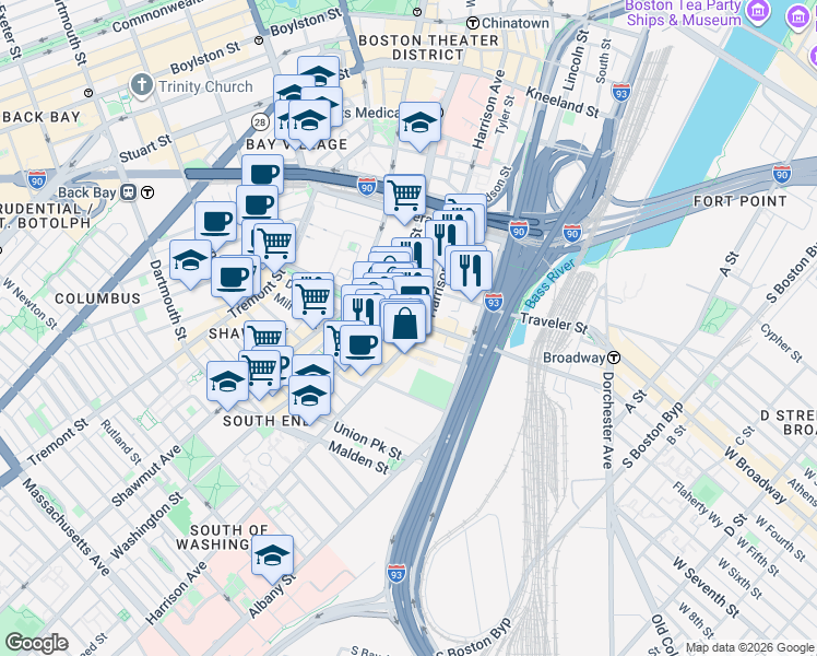 map of restaurants, bars, coffee shops, grocery stores, and more near 31 Fay Street in Boston