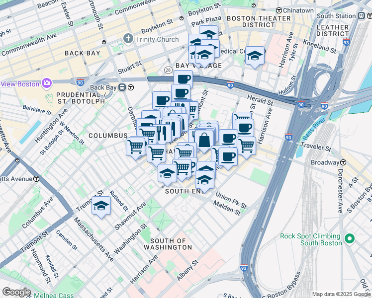 map of restaurants, bars, coffee shops, grocery stores, and more near 3 Hanson Street in Boston