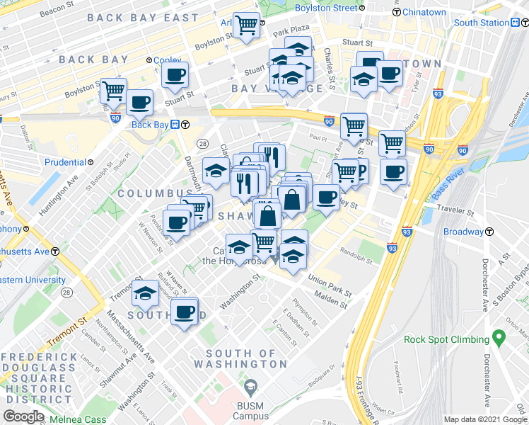 map of restaurants, bars, coffee shops, grocery stores, and more near 3 Hanson Street in Boston