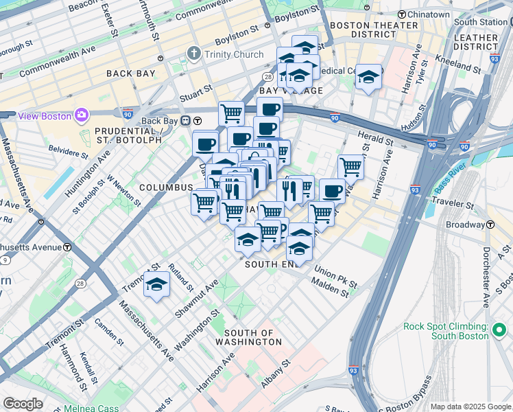 map of restaurants, bars, coffee shops, grocery stores, and more near in Boston