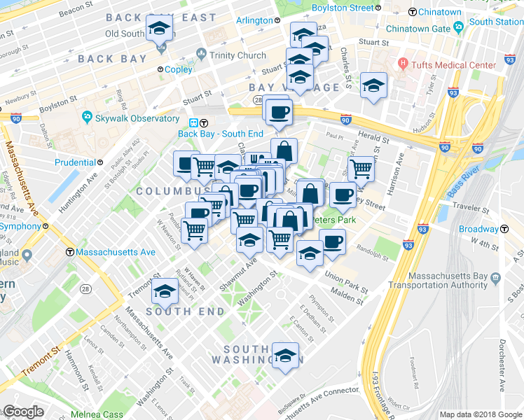 map of restaurants, bars, coffee shops, grocery stores, and more near in Boston