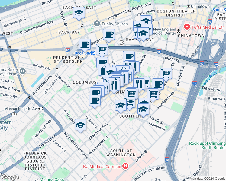 map of restaurants, bars, coffee shops, grocery stores, and more near 585 Tremont Street in Boston