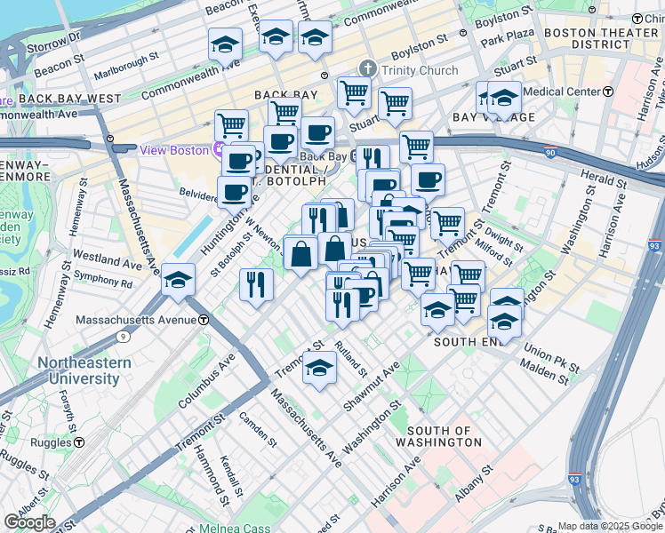 map of restaurants, bars, coffee shops, grocery stores, and more near 141 Pembroke Street in Boston