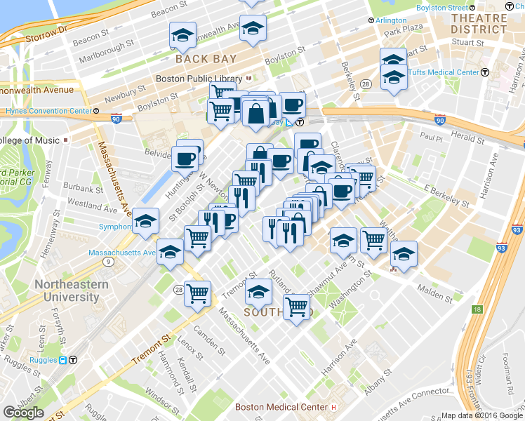 map of restaurants, bars, coffee shops, grocery stores, and more near 141 Pembroke Street in Boston