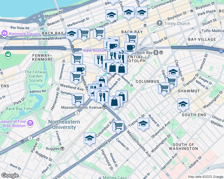 map of restaurants, bars, coffee shops, grocery stores, and more near in Boston