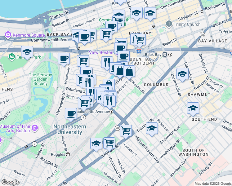 map of restaurants, bars, coffee shops, grocery stores, and more near 200-220 Huntington Avenue in Boston