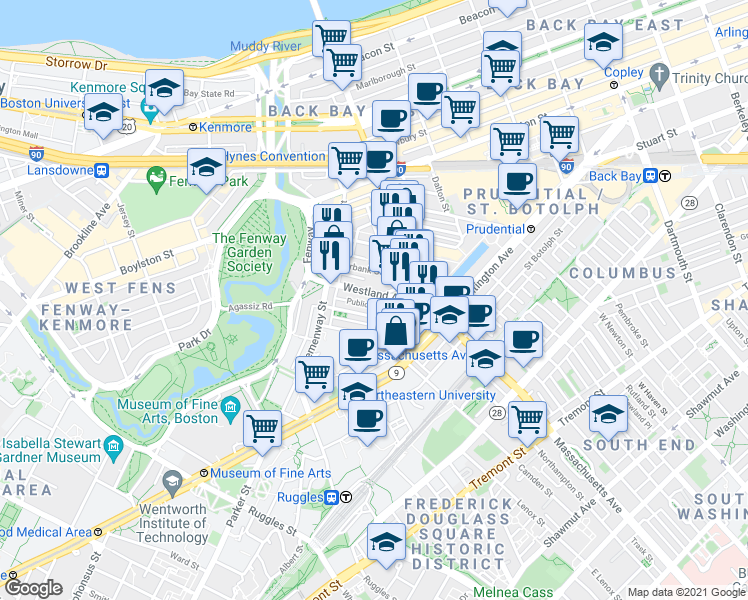 map of restaurants, bars, coffee shops, grocery stores, and more near 29 Symphony Road in Boston