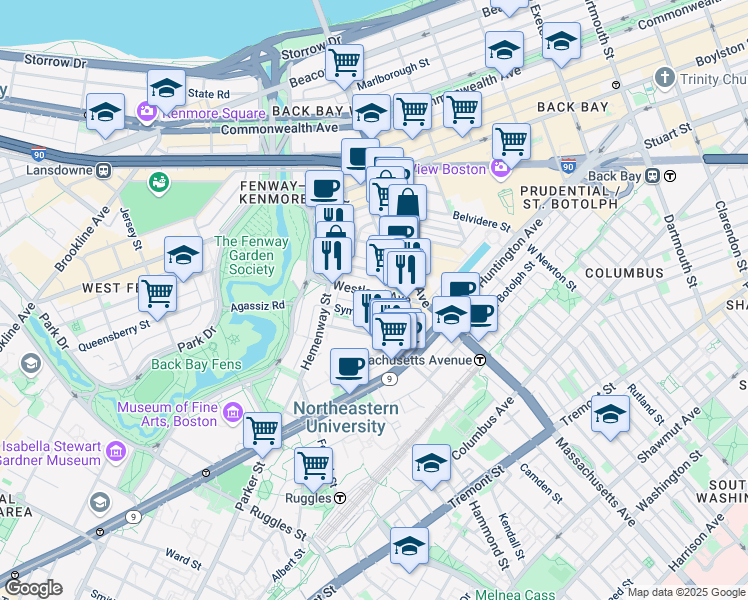 map of restaurants, bars, coffee shops, grocery stores, and more near 29 Symphony Road in Boston