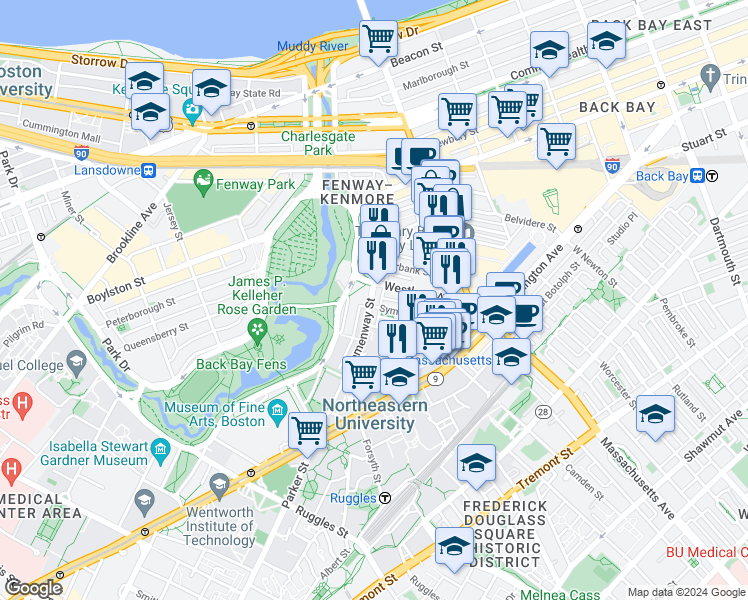 map of restaurants, bars, coffee shops, grocery stores, and more near in Boston