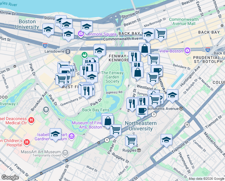 map of restaurants, bars, coffee shops, grocery stores, and more near 47 Agassiz Road in Boston