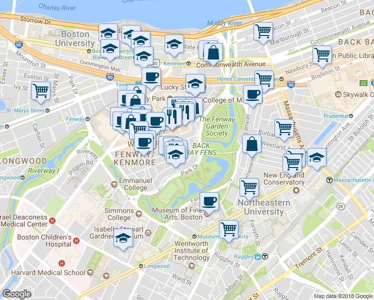 map of restaurants, bars, coffee shops, grocery stores, and more near 11 Queensberry Street in Boston