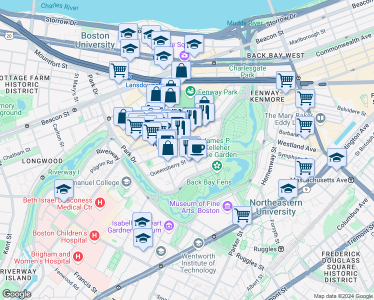 map of restaurants, bars, coffee shops, grocery stores, and more near 119 Jersey Street in Boston