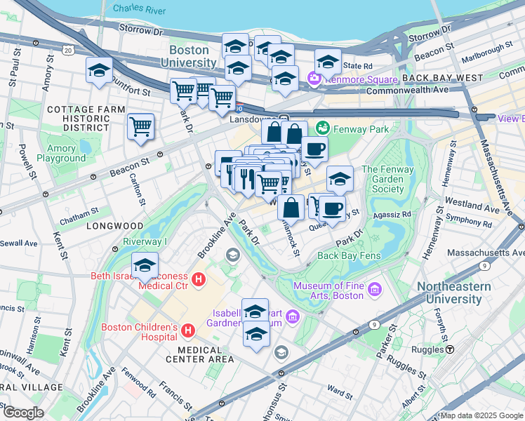 map of restaurants, bars, coffee shops, grocery stores, and more near 1395 Boylston Street in Boston