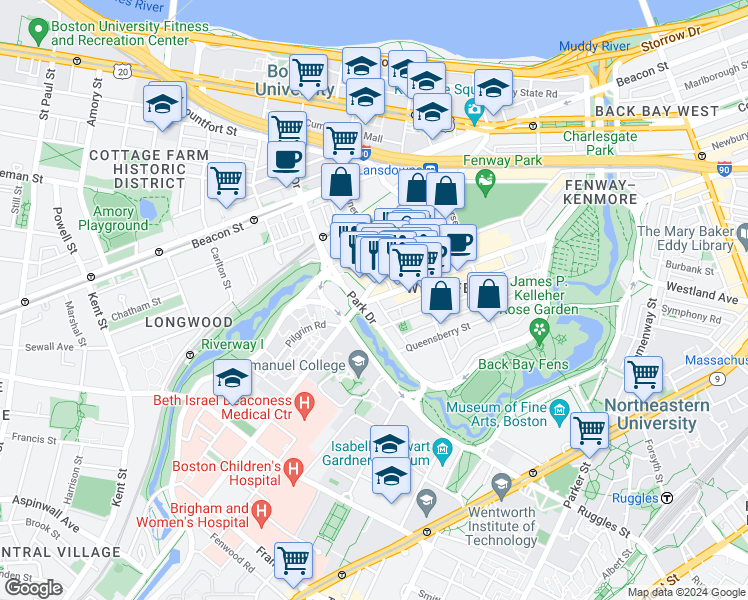map of restaurants, bars, coffee shops, grocery stores, and more near 1395 Boylston Street in Boston