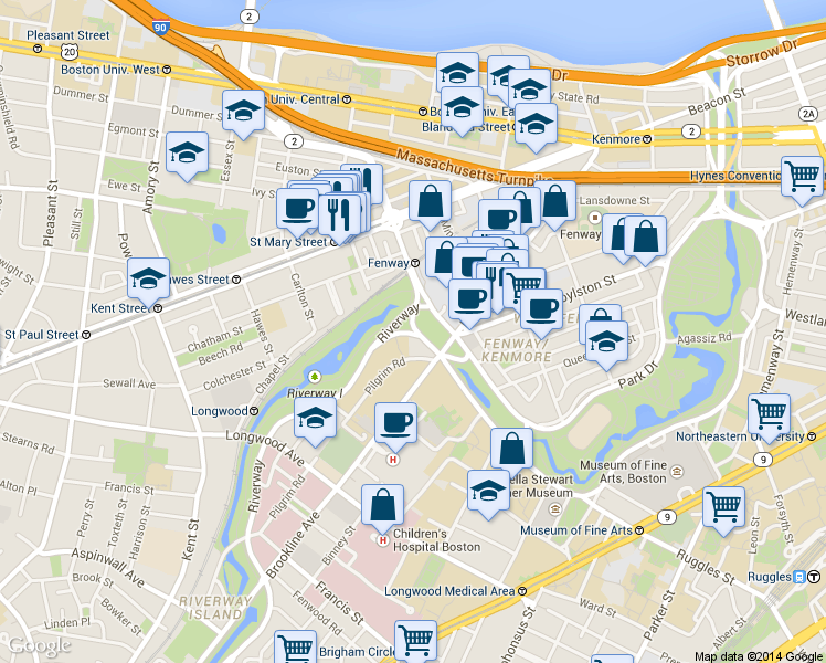 map of restaurants, bars, coffee shops, grocery stores, and more near 120 Riverway in Boston