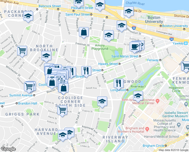map of restaurants, bars, coffee shops, grocery stores, and more near 1187 Beacon Street in Brookline