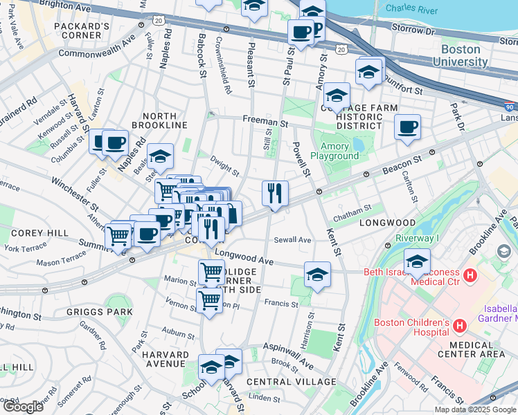 map of restaurants, bars, coffee shops, grocery stores, and more near 3 James Street in Brookline