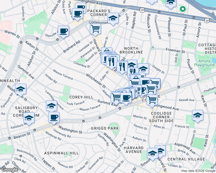 map of restaurants, bars, coffee shops, grocery stores, and more near 75 Winchester Street in Brookline