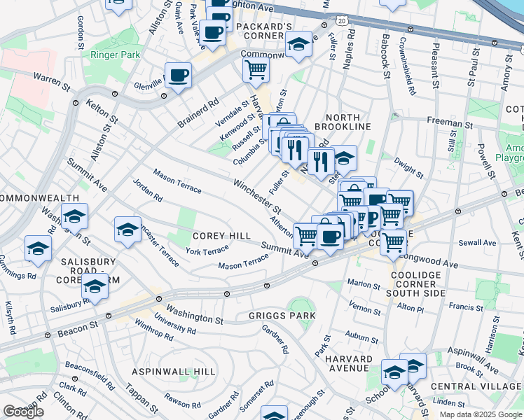 map of restaurants, bars, coffee shops, grocery stores, and more near 104 Winchester Street in Brookline