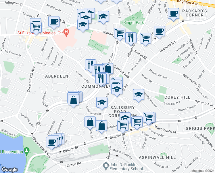 map of restaurants, bars, coffee shops, grocery stores, and more near 319 Allston Street in Boston