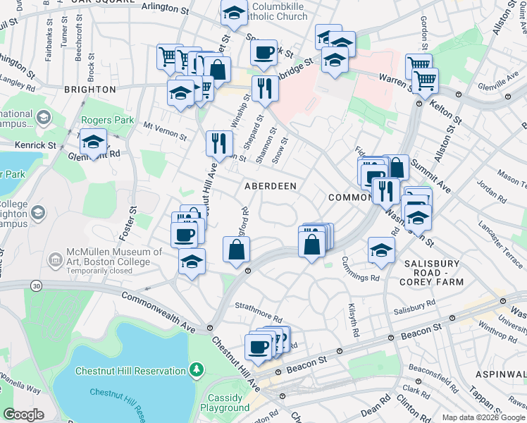map of restaurants, bars, coffee shops, grocery stores, and more near 100 Nottinghill Road in Boston