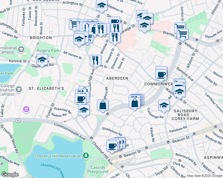 map of restaurants, bars, coffee shops, grocery stores, and more near 57 Wallingford Road in Boston