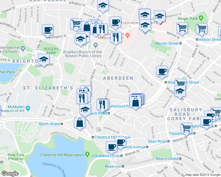 map of restaurants, bars, coffee shops, grocery stores, and more near 57 Wallingford Road in Boston