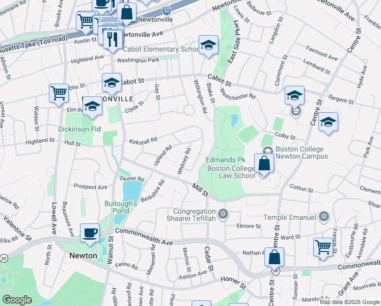 map of restaurants, bars, coffee shops, grocery stores, and more near 21 Whitney Road in Newton
