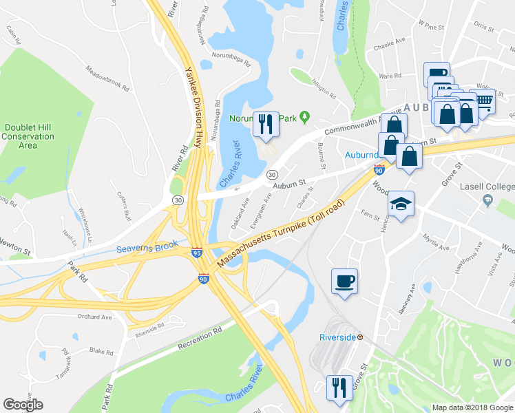 map of restaurants, bars, coffee shops, grocery stores, and more near 37 Evergreen Avenue in Newton