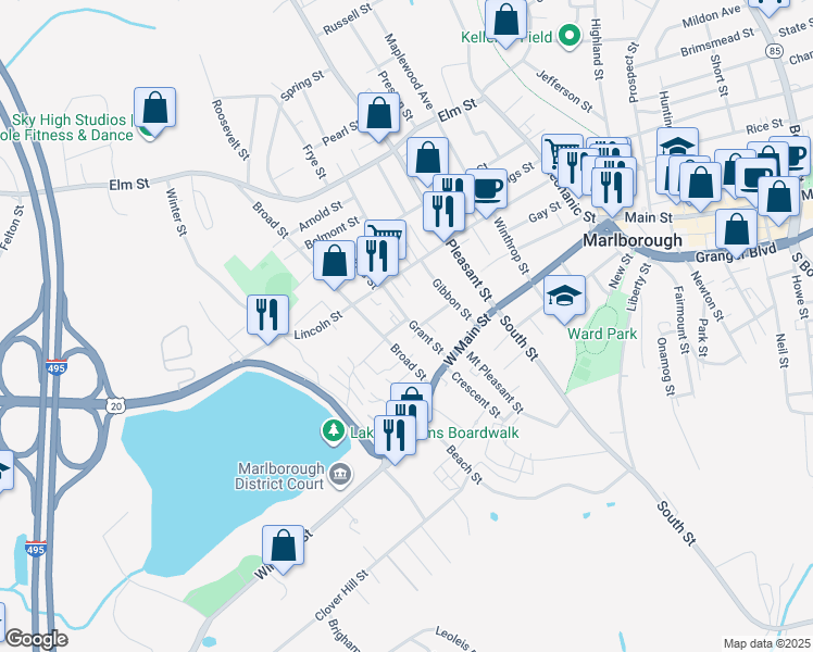 map of restaurants, bars, coffee shops, grocery stores, and more near 33 Grant Street in Marlborough