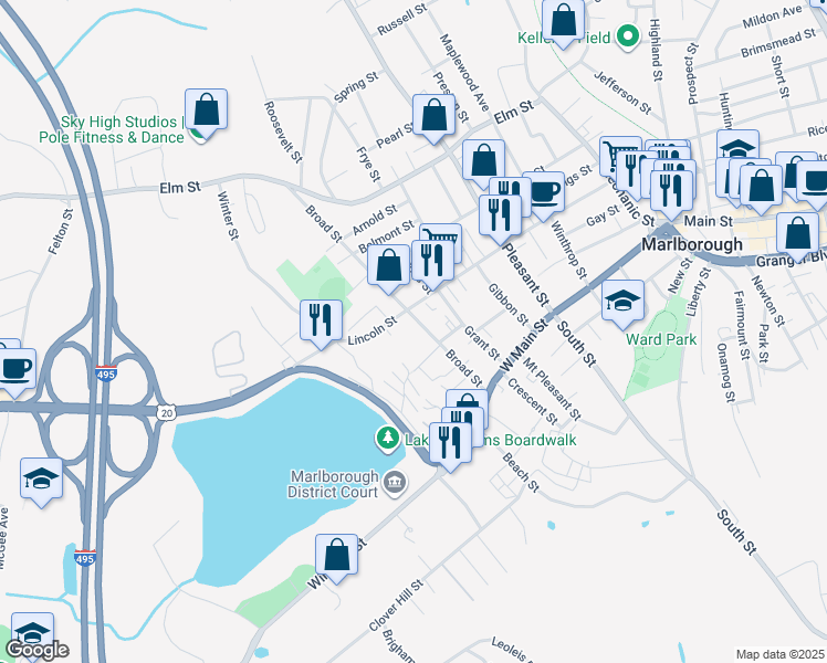 map of restaurants, bars, coffee shops, grocery stores, and more near 90 Broad Street in Marlborough
