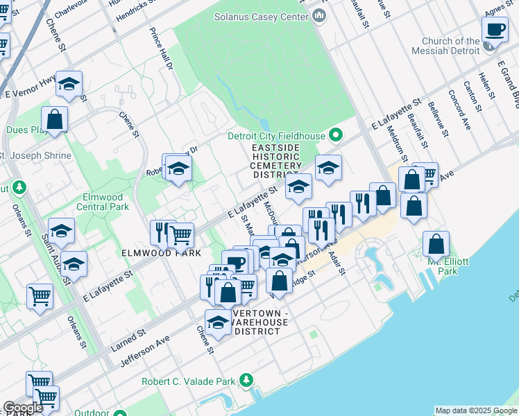 map of restaurants, bars, coffee shops, grocery stores, and more near 3146 East Lafayette Street in Detroit