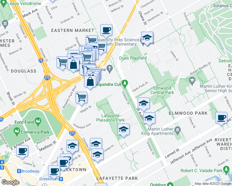 map of restaurants, bars, coffee shops, grocery stores, and more near 1909 Orleans Street in Detroit