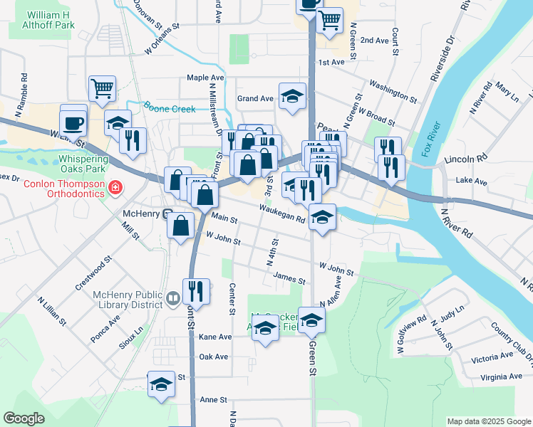 map of restaurants, bars, coffee shops, grocery stores, and more near 1105 3rd Street in McHenry