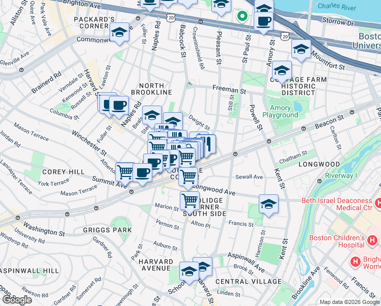 map of restaurants, bars, coffee shops, grocery stores, and more near 26 John Street in Brookline