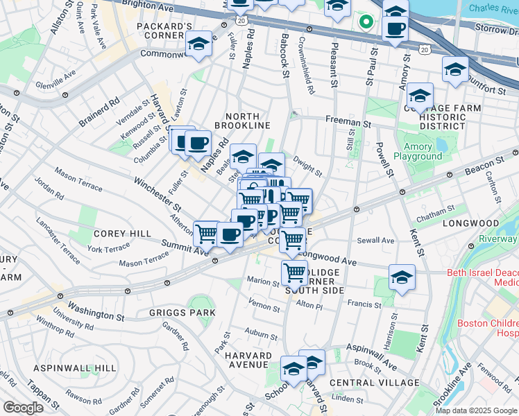 map of restaurants, bars, coffee shops, grocery stores, and more near 301 Harvard Street in Brookline