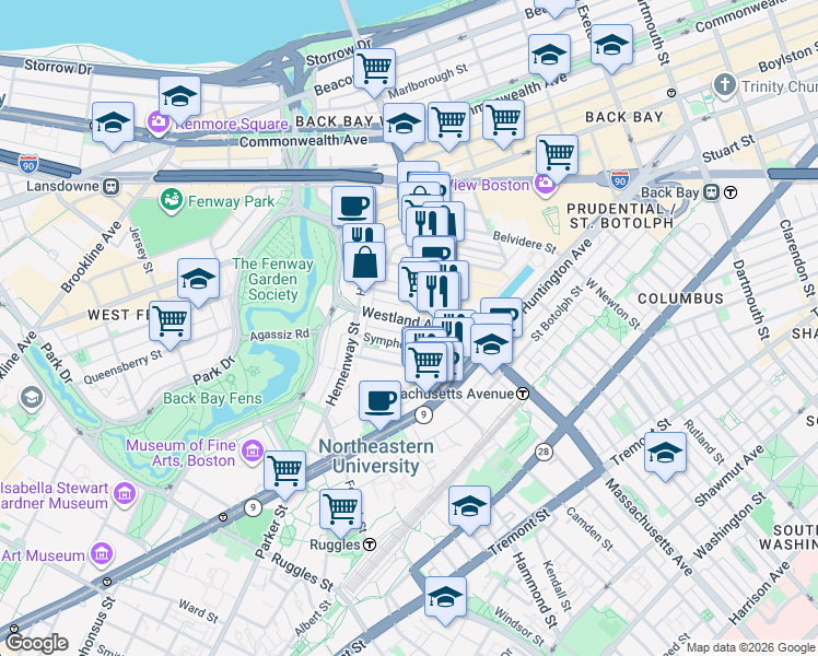map of restaurants, bars, coffee shops, grocery stores, and more near 29 Symphony Road in Boston