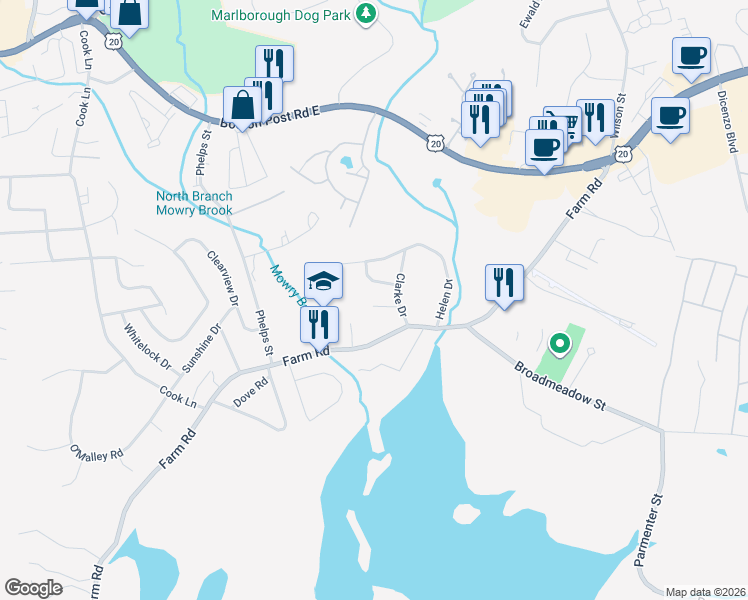 map of restaurants, bars, coffee shops, grocery stores, and more near 4 Priscilla Drive in Marlborough