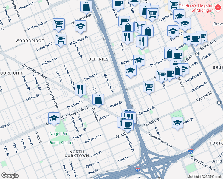 map of restaurants, bars, coffee shops, grocery stores, and more near 3535 Miracles Boulevard in Detroit