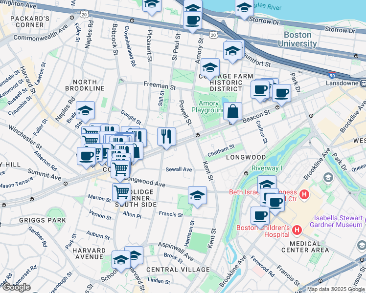 map of restaurants, bars, coffee shops, grocery stores, and more near 1187 Beacon Street in Brookline